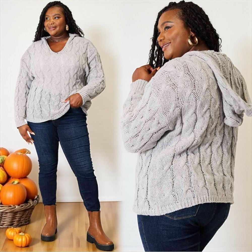 Gray Cable-Knit Hooded Sweater NWT - Woven Right - Picture 3 of 15